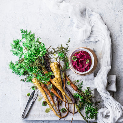 Roast vegetables + beet hummus